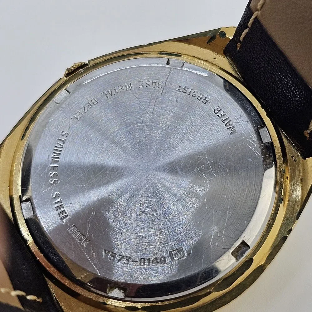 VTG Lorus Men's Watch 36MM Gold Dial DayDate New Black Leather Bands New Battery